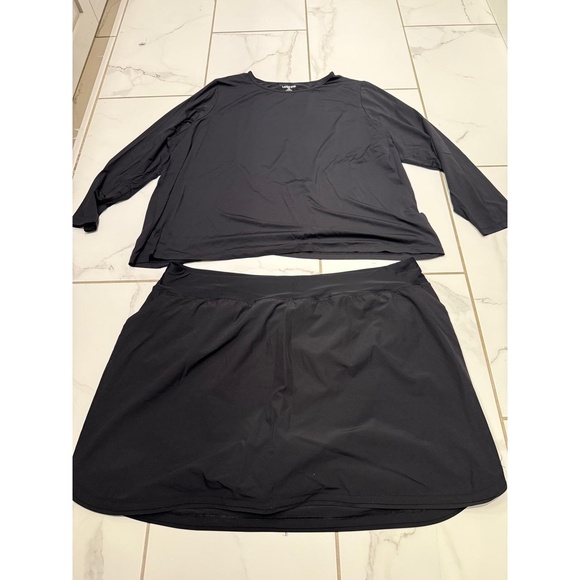 Lands End Plus Womens Swim Set 3X 24W Black Rash Guard Skirt Shorts Beach Pool - Picture 1 of 8